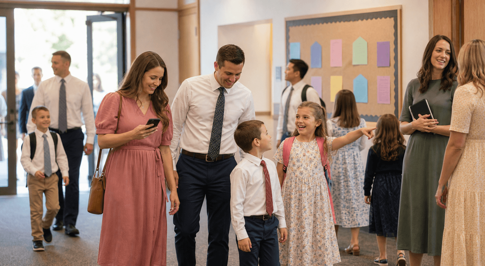 Families and children arriving at a church activity after receiving a reminder