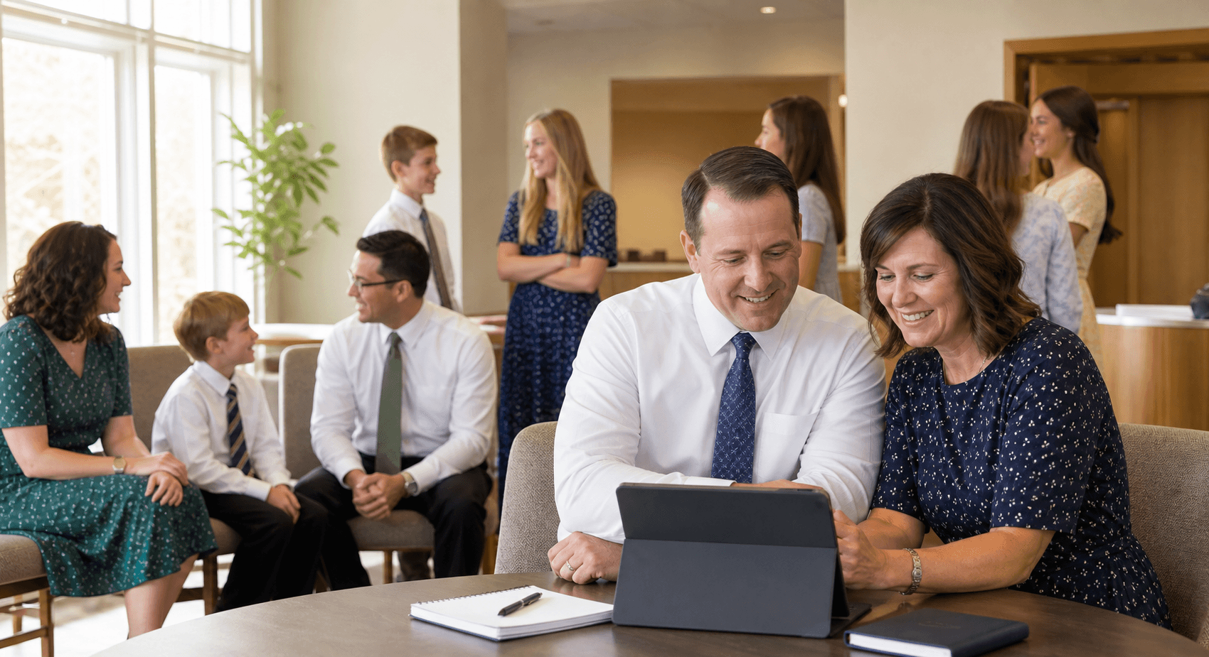 Church leaders reviewing a message together after Sunday meetings