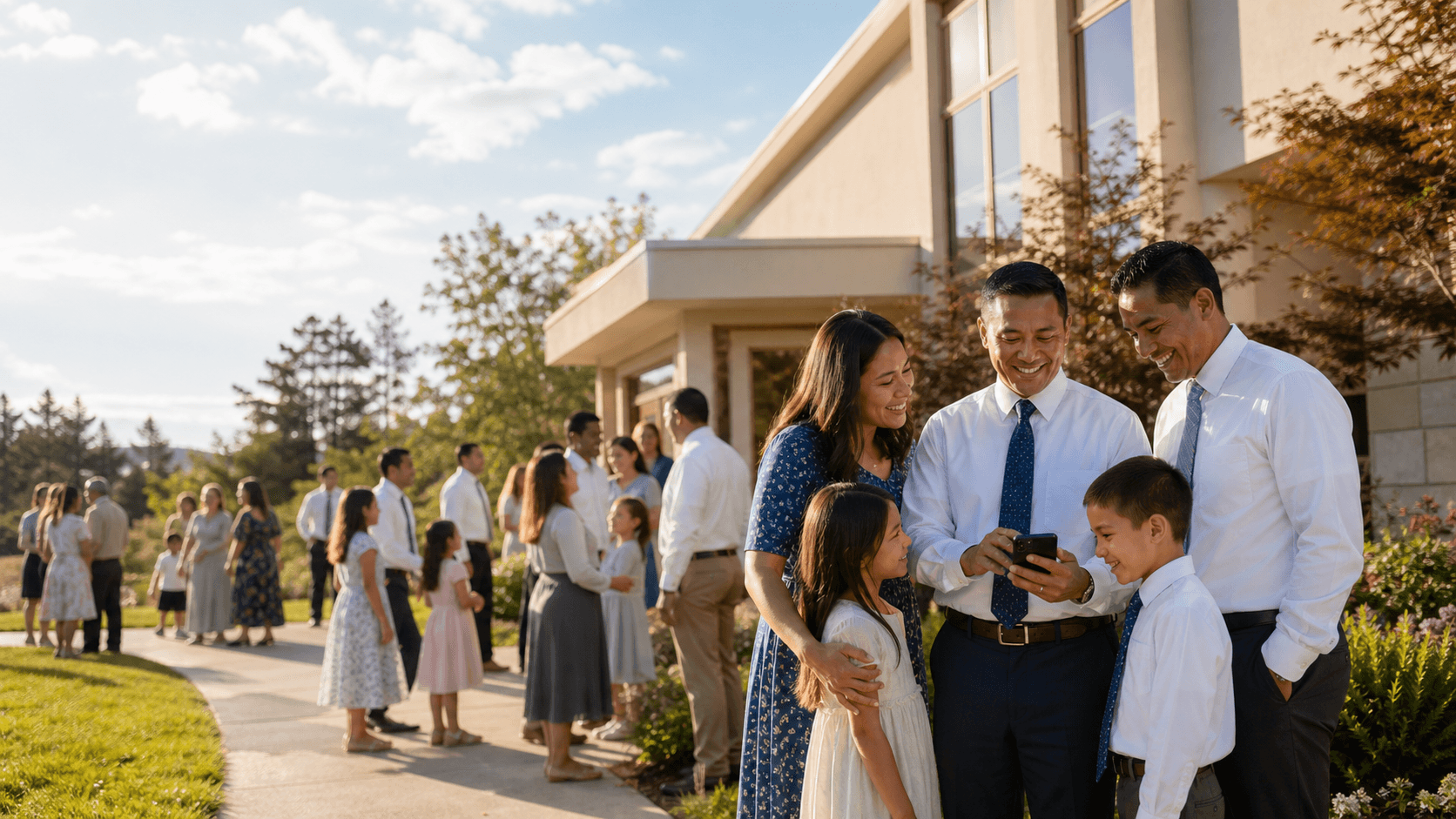 Church members gathered outside a church building after Sunday services
